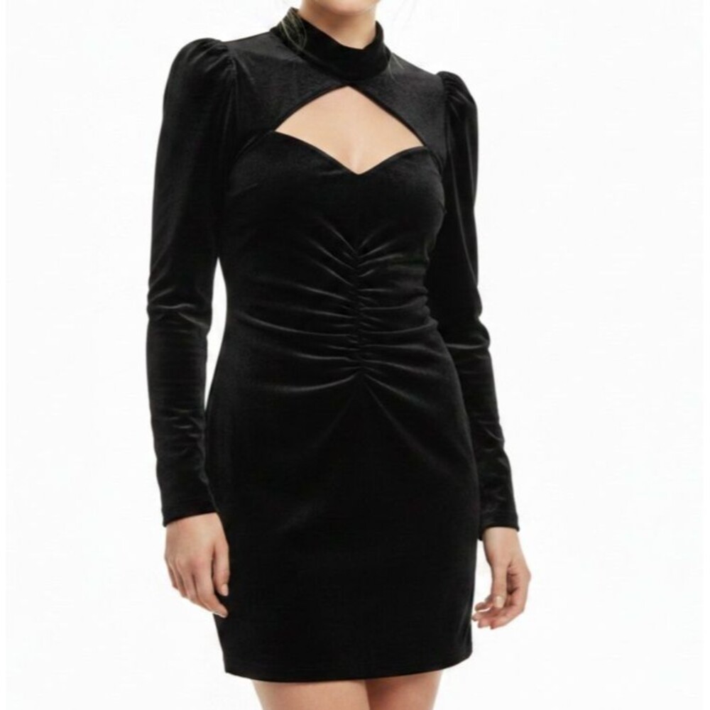 NEW ZARA Black Long Sleeve Velvet Mini with Cutout Women Medium Black Ruched